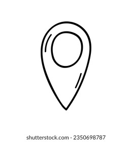 Hand drawn map pin icon. Location or navigation pointer in doodle style. GPS sign. Destination pictogram. Geo tag label isolated on white background. Vector graphic illustration