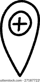 Icono de pin de mapa dibujado a mano con signo más para el marcado de ubicación
