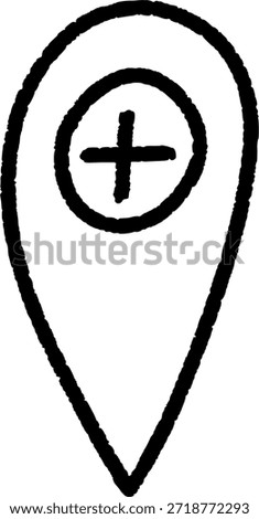Hand drawn map pin icon with plus sign for location marking