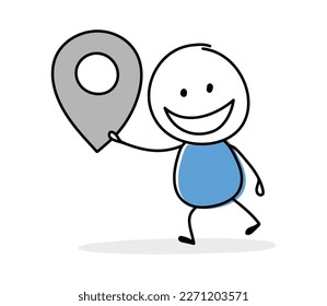 Hand drawn map pin symbol. Funny concept with a stickman holding icon. Cartoon style design. Vector illustration