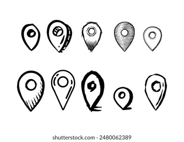 Hand drawn Map pins, doodle navigation, sign location. Set isolated on white background. 