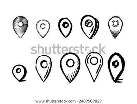Hand drawn Map pins, doodle navigation, sign location. Set isolated on white background. 