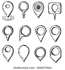 Hand drawn map pins sign location icon. Outline doodle icon. Address and map pin, mobile pointer and locator, navigation concept. Vector sketch illustration for print, web, mobile and infographics