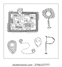 Icono de ubicación de signo de pines de mapa dibujado a mano en estilo doodle