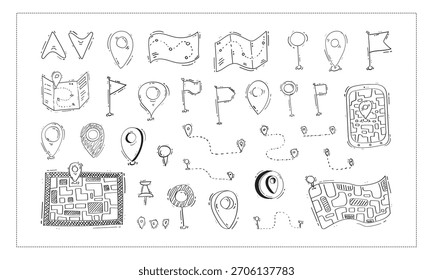 ícone de local de sinal de pinos de mapa desenhado à mão no estilo doodle