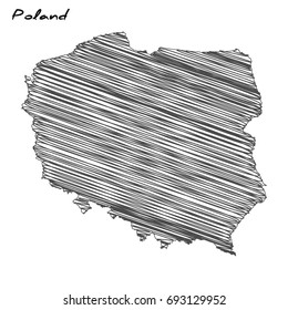 Hand drawn map of Poland sketch on white background.