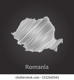 Hand drawn map of Romania white on blackboard background. Vector illustration Eps10.