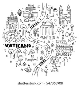 Hand drawn map of Rome with San Pietro squaer, Pantheon,. Can be used for souvenir products. Made in vector. Easy to edit. There wrtite in italian 