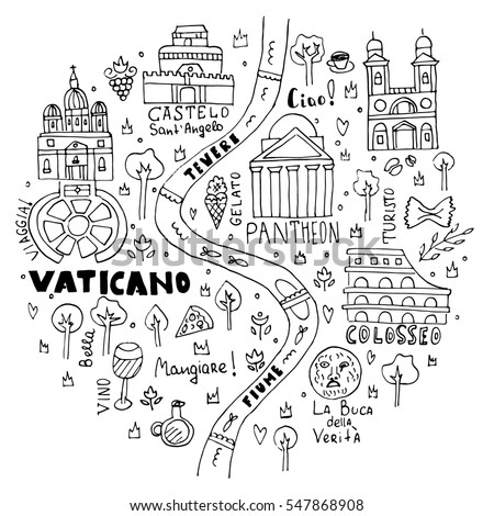 Hand drawn map of Rome with San Pietro squaer, Pantheon,. Can be used for souvenir products. Made in vector. Easy to edit. There wrtite in italian "Hello!" "Vacation" "Tourist", "Travel", "Eat".
