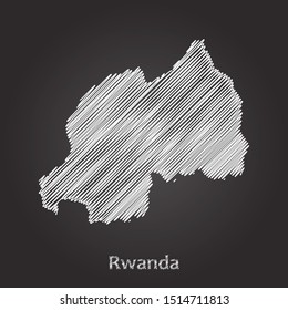 Hand drawn map of Rwanda white on blackboard background. Vector illustration Eps10.