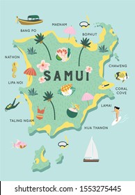 Hand drawn map of Samui island in Thailand with famous landmarks and cultural objects