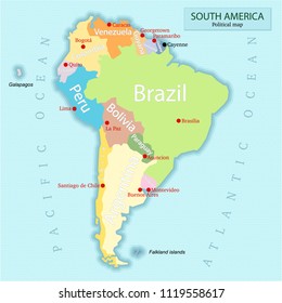 Hand drawn map of South America. Vector illustration for school geography textbook, children's encyclopedia or infographics. Color country and capitals, oceans and Islands.