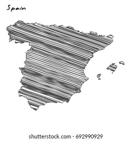 Hand drawn map  of Spain sketch on white background.