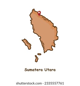 Mapa de mano dibujado en la provincia de Sumatra Utara, Indonesia. Diseño moderno de caricaturas de línea simple. Buen uso para infografías y presentaciones - Vector EPS 10