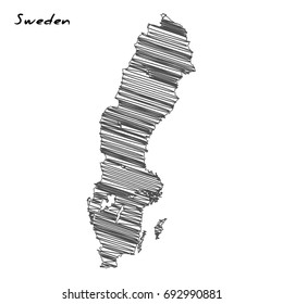 Hand drawn map  of Sweden sketch on white background.