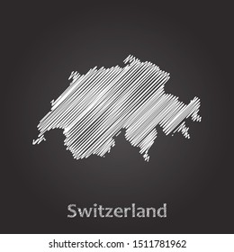 Hand drawn map of Switzerland white on blackboard background. Vector illustration Eps10.