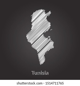 Hand drawn map of Tunisia white on blackboard background. Vector illustration Eps10.