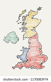 Hand drawn map of United Kingdom painted with pencils. Color vector illustration