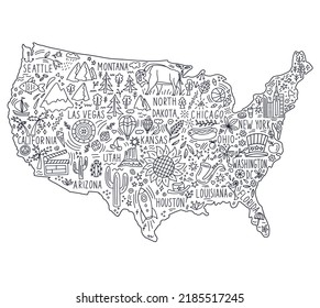 Hand drawn map of the United States. Concept of travel to the United States. Monochrome vector illustartion. American symbols on the map.