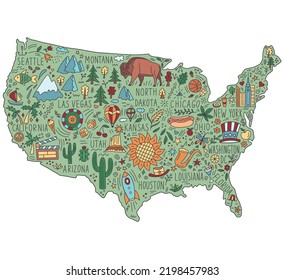 Hand drawn map of the United States. Concept of travel to the United States. Colored vector illustration. American symbols on the map.