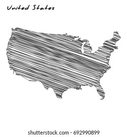 Hand drawn map  of United States sketch on white background.