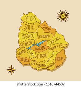 Hand drawn map of Uruguay and provinces