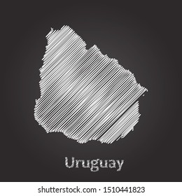 Hand drawn map of Uruguay white on blackboard background. Vector illustration Eps10.