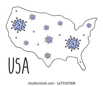 Hand Drawn map of USA with Coronavirus on it. Huge and small viruses are on american territory. Black stroke. 2019-nCoV Novel Coronavirus Bacteria. Vector medical illustration isolated on white.