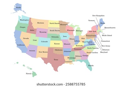 Hand drawn map of USA with states. Silhouette, North America geography. United states of America, Alaska, Hawaii. Vector isolated on white background