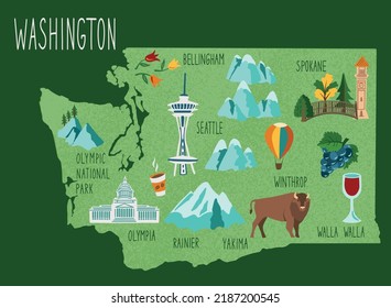 Hand drawn map of Washington State, USA. Concept of travel to the United States. Colorfed vector illustartion. State symbols on the map.
