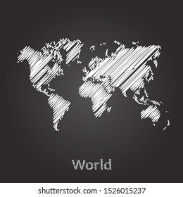 Hand drawn map of World white on blackboard background. Vector illustration Eps10.