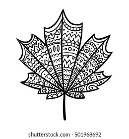 Hand drawn maple leaf doodle with intricate ornament texture. Zen coloring book illustration.