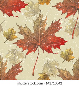 Hand drawn maple and viburnum leaves seamless
