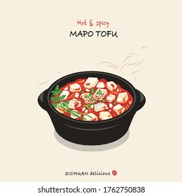 Dibujo a mano de la ilustración de Mapo tofu, el plato picante chino más popular de Sichuan. color claro y alto contraste de la ilustración de alimentos picantes. aislado tofu Mapo delicioso en una olla negra.