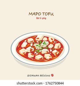 Hand drawn Mapo tofu illustration, the most popular Chinese spicy dish from Sichuan. clear and High contrast color of spicy food illustration. isolated Mapo tofu delicious on a plate.