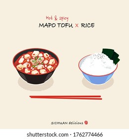 Hand drawn Mapo tofu set illustration, the most popular Chinese spicy dish from Sichuan. clear and High contrast color of spicy food illustration. included red chopsticks, white rice and Mapo tofu.