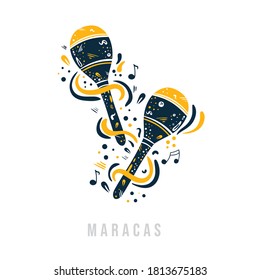 Hand drawn maracas or rumba shaker  with notes, ribbons and dots around it.Creative design of  traditional  Latin musical instrument. Can be used for poster,t-shirt, music festival banner,cover,logo. 