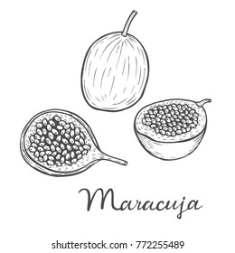 Hand drawn Maracuja passion fruit, bunch. Organic nutrition healthy food. Engraved exotical vintage retro vector maracuja illustration.