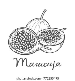 Hand drawn Maracuja passion fruit, bunch. Organic nutrition healthy food. Engraved exotical vintage retro