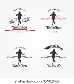 Hand drawn marathon logotypes, long distance running and competition. Set run club logos. Running man silhouette crossing the finish red tape.