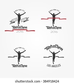 Hand drawn marathon logotypes, long distance running and competition. Set run club logos. Running man silhouette crossing the finish red tape.