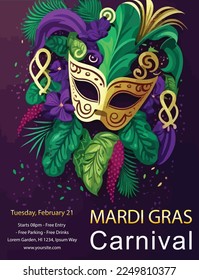 hand drawn Mardi gras carnival, vertical flyer template.