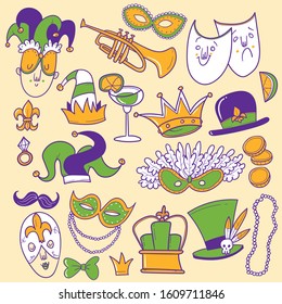 Hand drawn Mardi Gras doodle set	