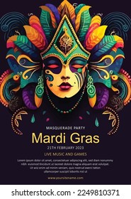 hand drawn Mardi gras flyer, vertical template.