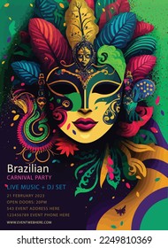 hand drawn Mardi gras illustration, vertical poster template, Brazilian carnival.