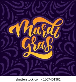 Hand drawn Mardi Gras lettering illustration with monograms. Handwritten typography for Carnival Fat Tuesday. Calligraphy vector letters on purple background for poster, icon, logo EPS 10