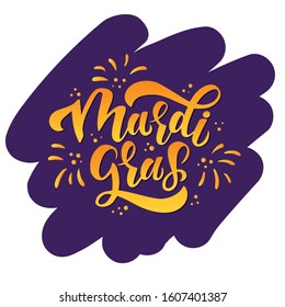 Hand drawn Mardi Gras lettering illustration with fireworks. Handwritten typography for Carnival Fat Tuesday. Calligraphy vector letters on purple and white background for poster, icon, logo EPS 10