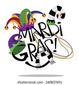 Hand Drawn Mardi Gras Type With Hats And Beads EPS 10 Vector Stock Illustration