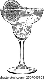 Hand drawn Margarita Cocktail Drink Sketch Illustration Engraving Woodcut Style