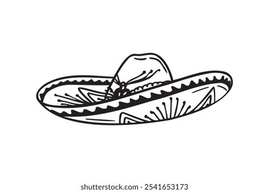 Ilustração de chapéu desenhado à mão Mariachi. Rabiscar chapéu mariachi. Esboço de chapéu mariachi isolado no fundo branco. Esboço de sombrero. Ilustração vetorial. Ilustração vetorial